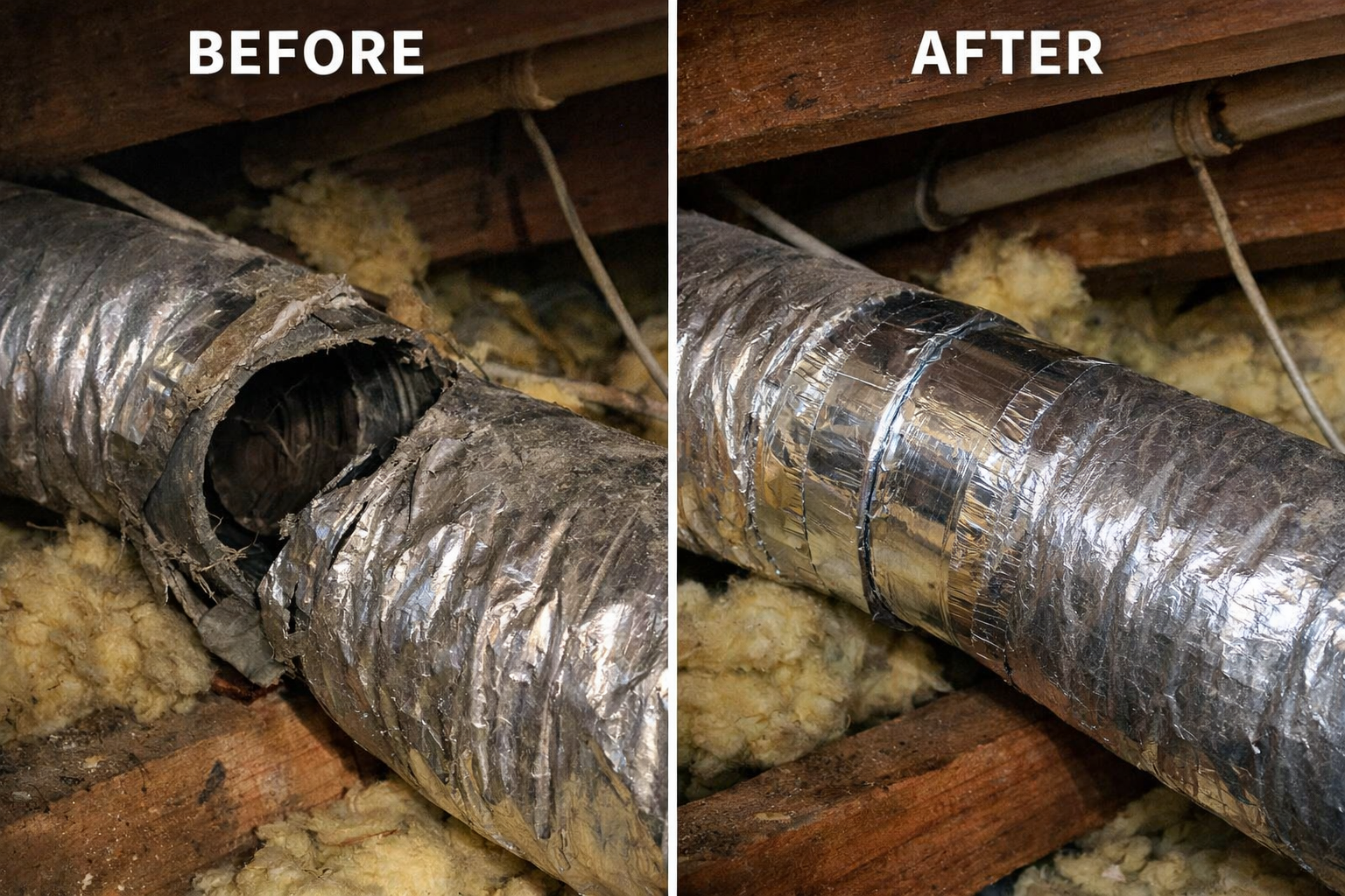 Technician repairing ductwork inside a home